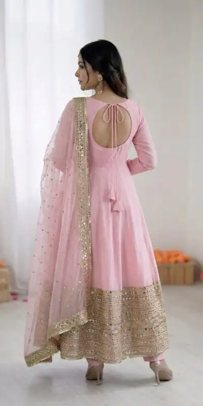 ZSR 3152 Pink Color Roman silk Gown with Embroidery Work & Lace Work. Grab it for ₹2599. Delivery 4-6 Working Days. Shop now. | Gowns, Bollywood Gowns, Creative Gowns, Designer Gowns, Embroidered Gowns, Party Wear Gowns