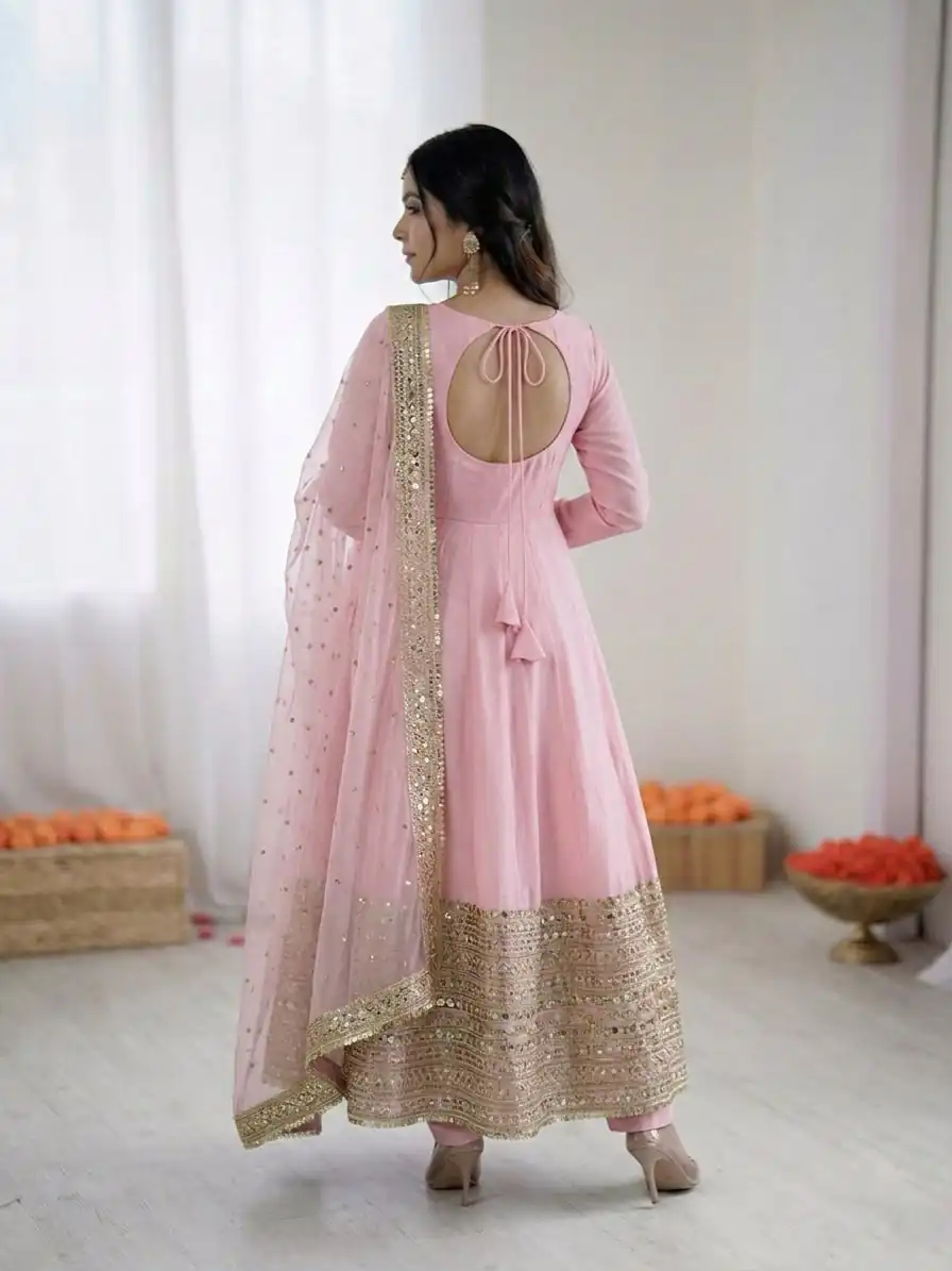 ZSR 3152 Pink Color Roman silk Gown with Embroidery Work & Lace Work. Grab it for ₹2599. Delivery 4-6 Working Days. Shop now. | Gowns, Bollywood Gowns, Creative Gowns, Designer Gowns, Embroidered Gowns, Party Wear Gowns