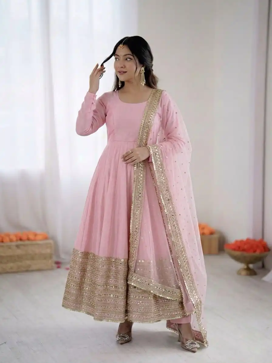 ZSR 3152 Pink Color Roman silk Gown with Embroidery Work & Lace Work. Grab it for ₹2599. Delivery 4-6 Working Days. Shop now. | Gowns, Bollywood Gowns, Creative Gowns, Designer Gowns, Embroidered Gowns, Party Wear Gowns