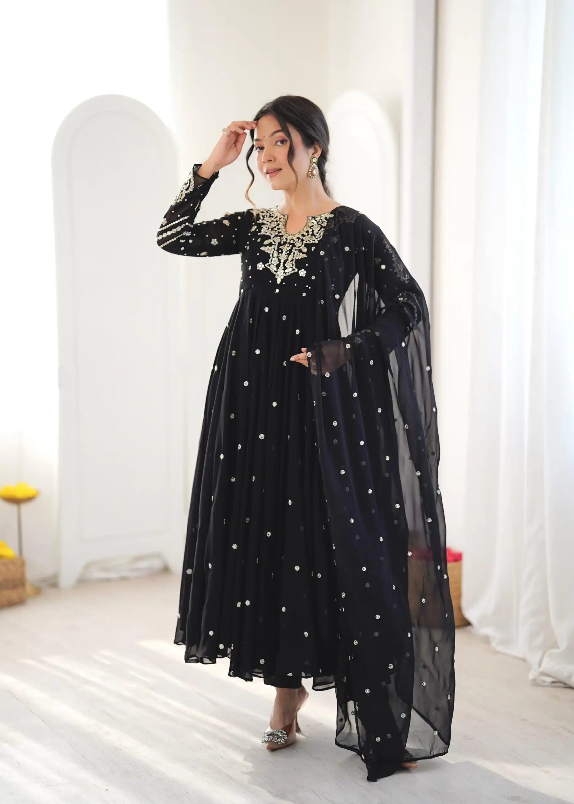 JF 056 Black Faux Georgette Salwar Suit with Mirror Work & Embroidery Work. Get it for ₹2349. Delivery 4-6 Working Days. Shop now. | Jump Suits, Salwar suit, Designer Suits, Casual Suits, Creative suits, Palazzo Suits, Party Wear Suits, Patiala Suits, Straight Suits