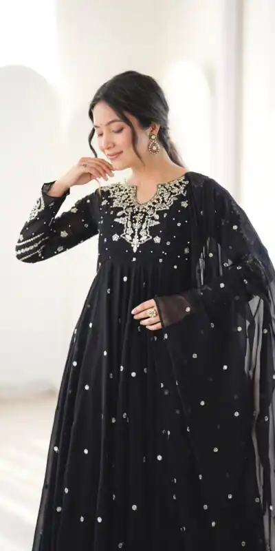 JF 056 Black Faux Georgette Salwar Suit with Mirror Work & Embroidery Work. Get it for ₹2349. Delivery 4-6 Working Days. Shop now. | Jump Suits, Salwar suit, Designer Suits, Casual Suits, Creative suits, Palazzo Suits, Party Wear Suits, Patiala Suits, Straight Suits
