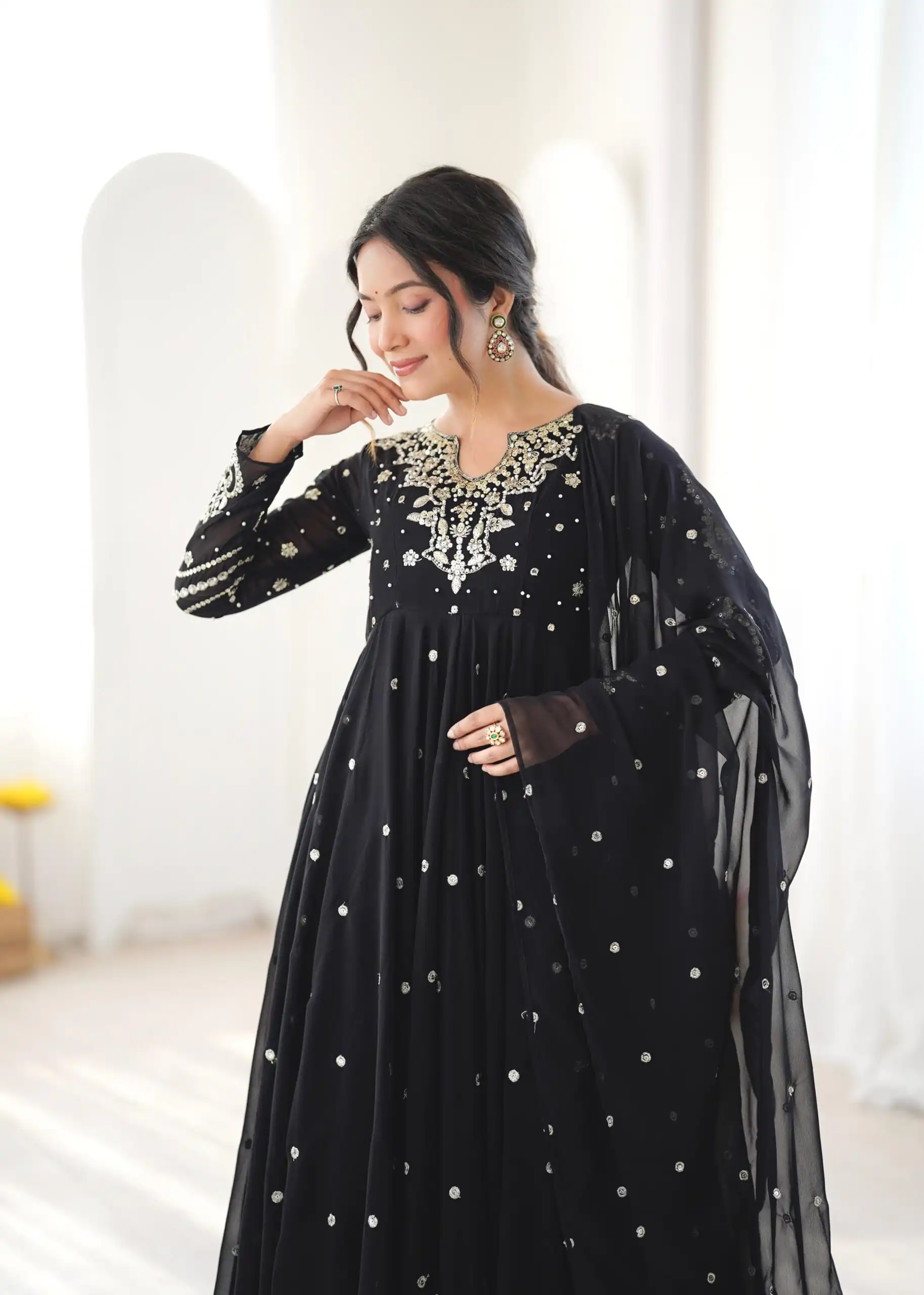 JF 056 Black Faux Georgette Salwar Suit with Mirror Work & Embroidery Work. Get it for ₹2349. Delivery 4-6 Working Days. Shop now. | Jump Suits, Salwar suit, Designer Suits, Casual Suits, Creative suits, Palazzo Suits, Party Wear Suits, Patiala Suits, Straight Suits