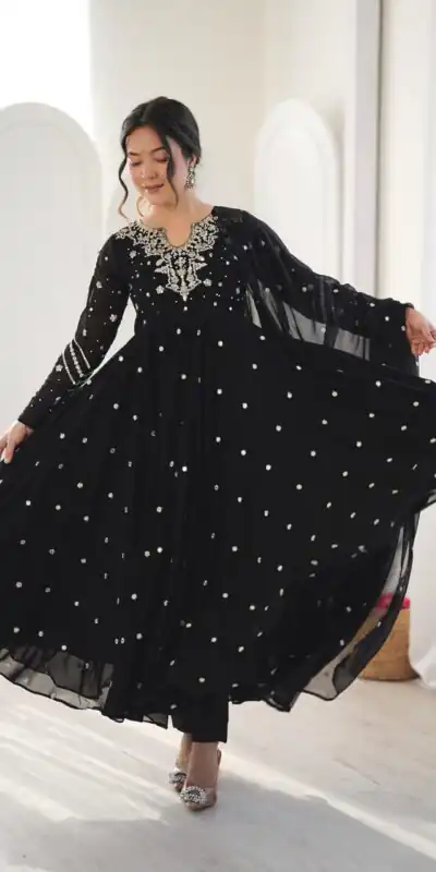 JF 056 Black Faux Georgette Salwar Suit with Mirror Work & Embroidery Work. Get it for ₹2349. Delivery 4-6 Working Days. Shop now. | Jump Suits, Salwar suit, Designer Suits, Casual Suits, Creative suits, Palazzo Suits, Party Wear Suits, Patiala Suits, Straight Suits