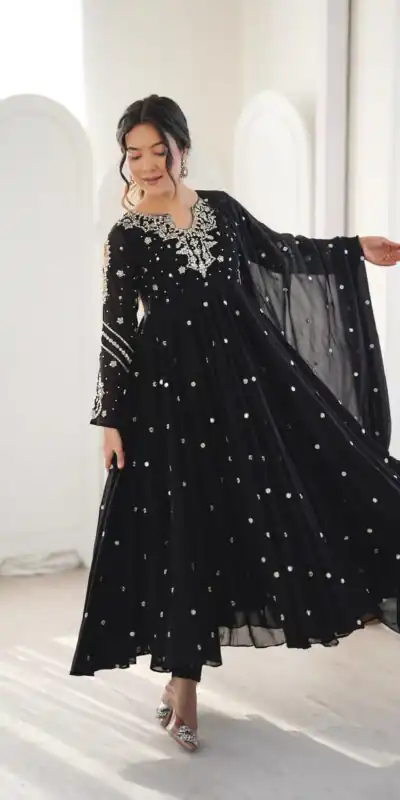 JF 056 Black Faux Georgette Salwar Suit with Mirror Work & Embroidery Work. Get it for ₹2349. Delivery 4-6 Working Days. Shop now. | Jump Suits, Salwar suit, Designer Suits, Casual Suits, Creative suits, Palazzo Suits, Party Wear Suits, Patiala Suits, Straight Suits