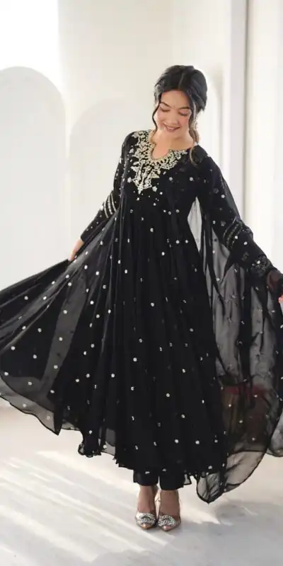 JF 056 Black Faux Georgette Salwar Suit with Mirror Work & Embroidery Work. Get it for ₹2349. Delivery 4-6 Working Days. Shop now. | Jump Suits, Salwar suit, Designer Suits, Casual Suits, Creative suits, Palazzo Suits, Party Wear Suits, Patiala Suits, Straight Suits