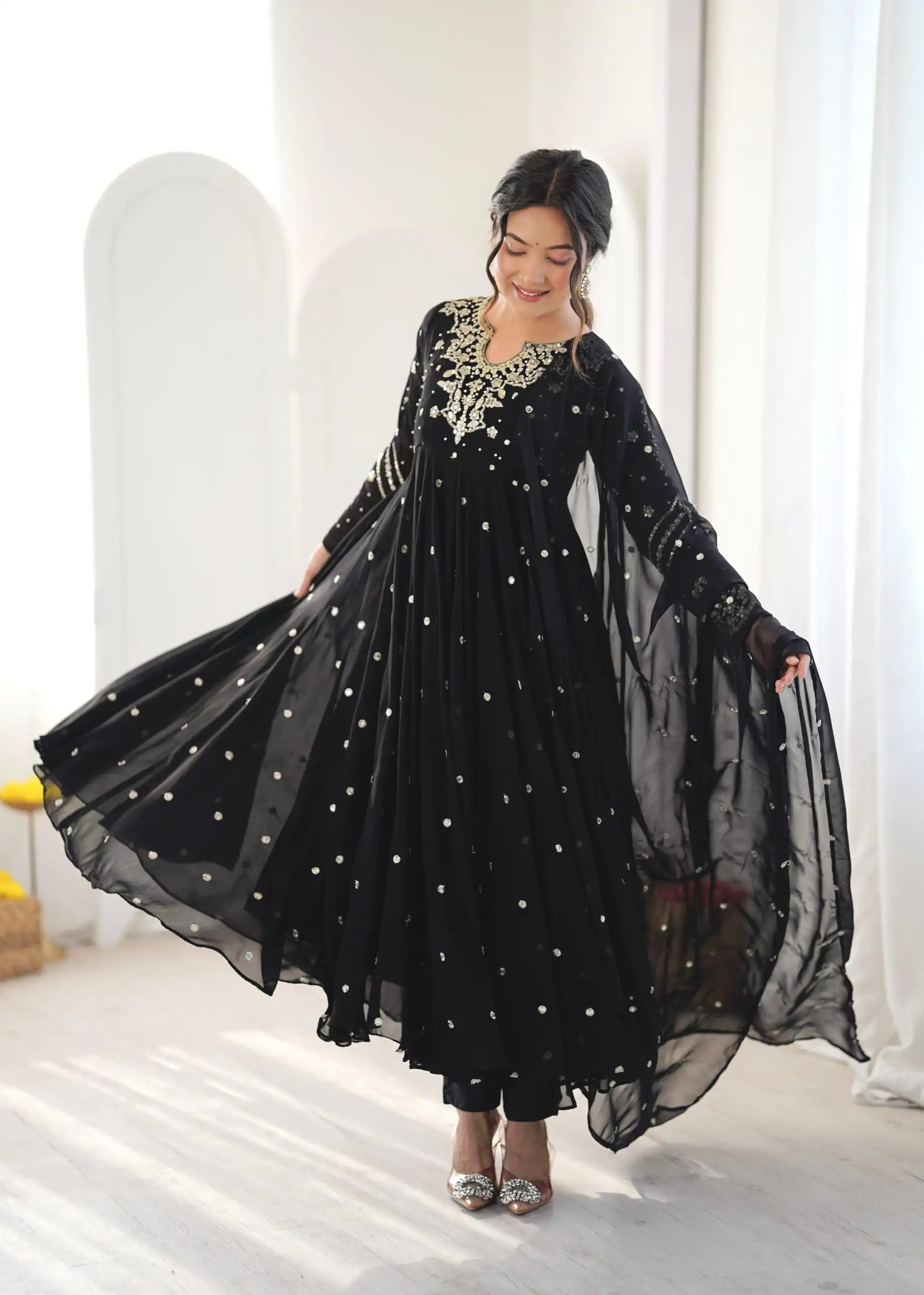 JF 056 Black Faux Georgette Salwar Suit with Mirror Work & Embroidery Work. Get it for ₹2349. Delivery 4-6 Working Days. Shop now. | Jump Suits, Salwar suit, Designer Suits, Casual Suits, Creative suits, Palazzo Suits, Party Wear Suits, Patiala Suits, Straight Suits
