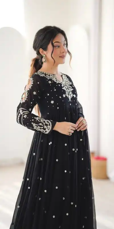 JF 056 Black Faux Georgette Salwar Suit with Mirror Work & Embroidery Work. Get it for ₹2349. Delivery 4-6 Working Days. Shop now. | Jump Suits, Salwar suit, Designer Suits, Casual Suits, Creative suits, Palazzo Suits, Party Wear Suits, Patiala Suits, Straight Suits
