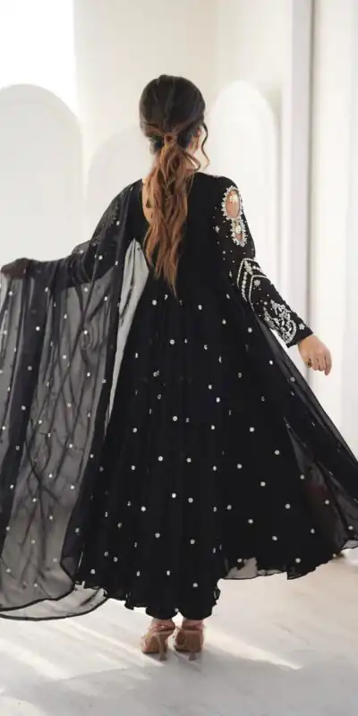 JF 056 Black Faux Georgette Salwar Suit with Mirror Work & Embroidery Work. Get it for ₹2349. Delivery 4-6 Working Days. Shop now. | Jump Suits, Salwar suit, Designer Suits, Casual Suits, Creative suits, Palazzo Suits, Party Wear Suits, Patiala Suits, Straight Suits
