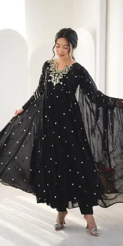JF 056 Black Faux Georgette Salwar Suit with Mirror Work & Embroidery Work. Get it for ₹2349. Delivery 4-6 Working Days. Shop now. | Jump Suits, Salwar suit, Designer Suits, Casual Suits, Creative suits, Palazzo Suits, Party Wear Suits, Patiala Suits, Straight Suits
