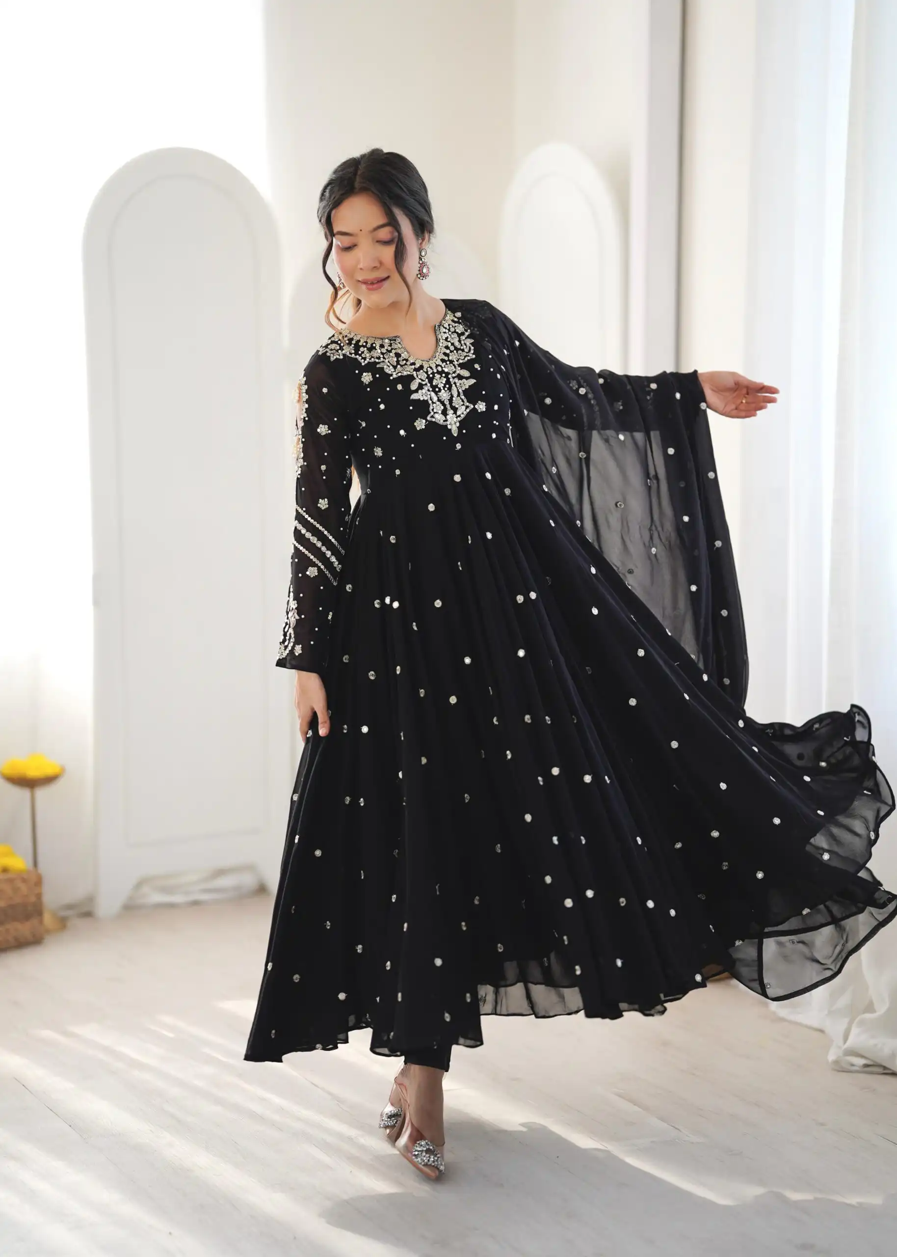 JF 056 Black Faux Georgette Salwar Suit with Mirror Work & Embroidery Work. Get it for ₹2349. Delivery 4-6 Working Days. Shop now. | Jump Suits, Salwar suit, Designer Suits, Casual Suits, Creative suits, Palazzo Suits, Party Wear Suits, Patiala Suits, Straight Suits