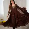 JF 056 Brown Faux Georgette Salwar Suit with Mirror Work & Embroidery Work. Get it for ₹2349. Delivery 4-6 Working Days. Shop now. | Jump Suits, Salwar suit, Designer Suits, Casual Suits, Creative suits, Palazzo Suits, Party Wear Suits, Patiala Suits, Straight Suits