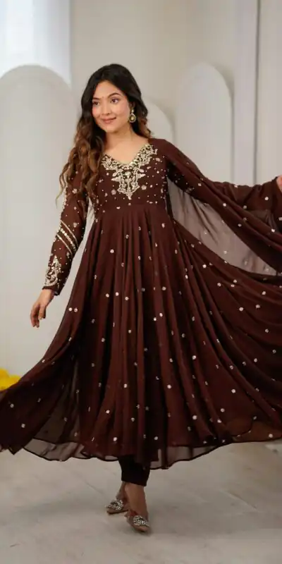JF 056 Brown Faux Georgette Salwar Suit with Mirror Work & Embroidery Work. Get it for ₹2349. Delivery 4-6 Working Days. Shop now. | Jump Suits, Salwar suit, Designer Suits, Casual Suits, Creative suits, Palazzo Suits, Party Wear Suits, Patiala Suits, Straight Suits