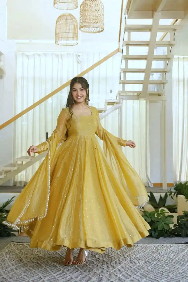 KD 1641 Gold in Salsa Silk Embroidery Work & Sequins Work Gown . Get it for ₹2899. Delivery 4-6 Working Days. Online Shop now. | Gowns, Bollywood Gowns, Creative Gowns, Designer Gowns, Embroidered Gowns, Party Wear Gowns