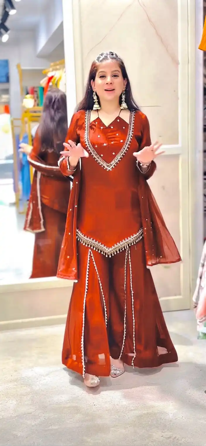 JF 054 Rust Color Roman Silk Salwar Suit with Embroidery Work. Available at ₹2399 only. Delivery 4-6 Working Days. Shop now. | Jump Suits, Salwar suit, Designer Suits, Casual Suits, Creative suits, Palazzo Suits, Party Wear Suits, Patiala Suits, Straight Suits