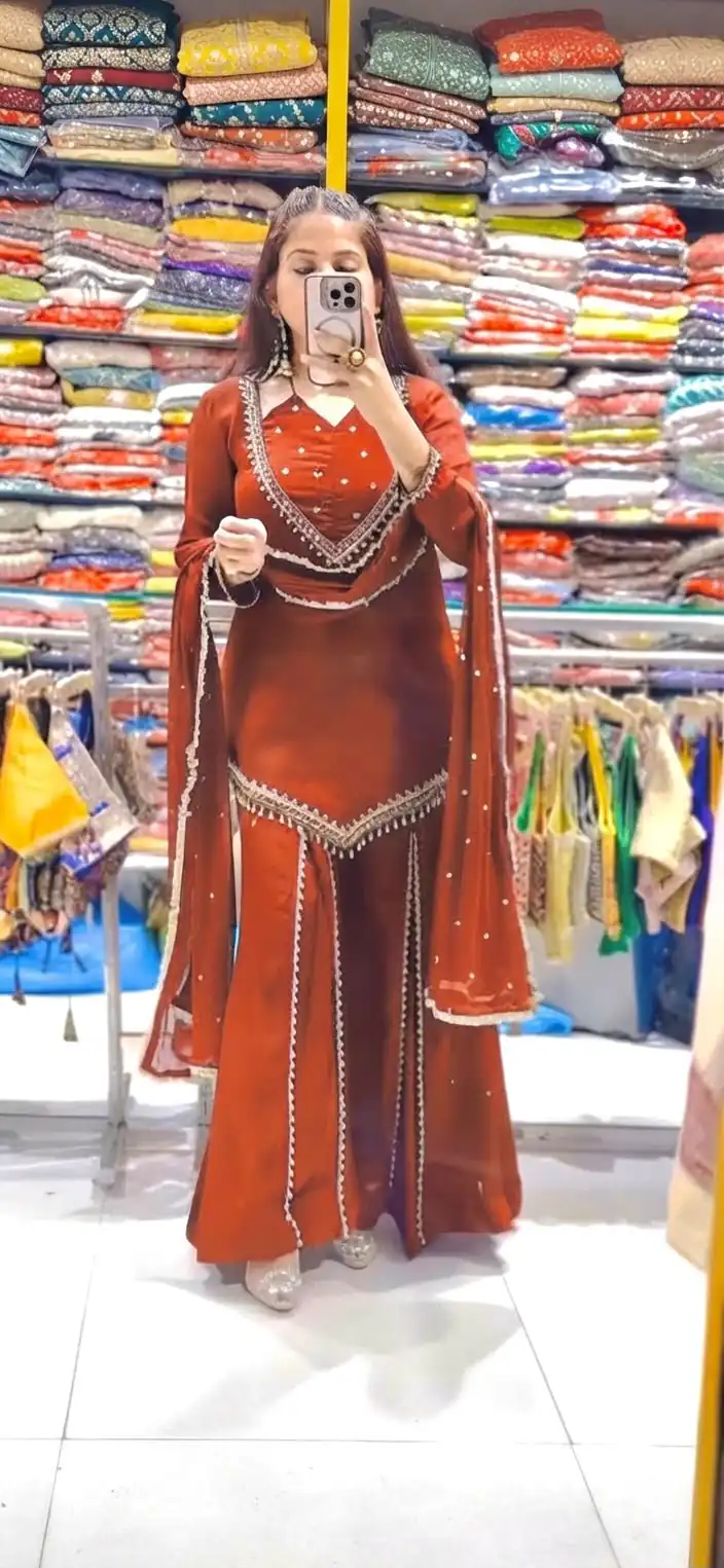 JF 054 Rust Color Roman Silk Salwar Suit with Embroidery Work. Available at ₹2399 only. Delivery 4-6 Working Days. Shop now. | Jump Suits, Salwar suit, Designer Suits, Casual Suits, Creative suits, Palazzo Suits, Party Wear Suits, Patiala Suits, Straight Suits