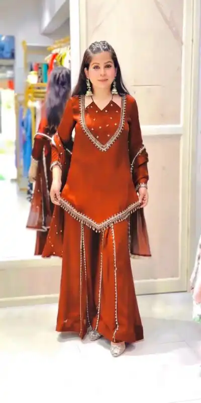 JF 054 Rust Color Roman Silk Salwar Suit with Embroidery Work. Available at ₹2399 only. Delivery 4-6 Working Days. Shop now. | Jump Suits, Salwar suit, Designer Suits, Casual Suits, Creative suits, Palazzo Suits, Party Wear Suits, Patiala Suits, Straight Suits