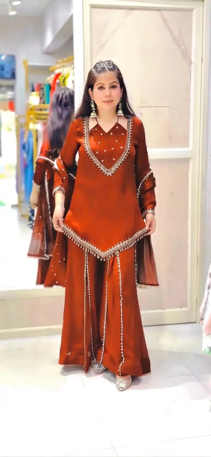 JF 054 Rust Color Roman Silk Salwar Suit with Embroidery Work. Available at ₹2399 only. Delivery 4-6 Working Days. Shop now. | Jump Suits, Salwar suit, Designer Suits, Casual Suits, Creative suits, Palazzo Suits, Party Wear Suits, Patiala Suits, Straight Suits