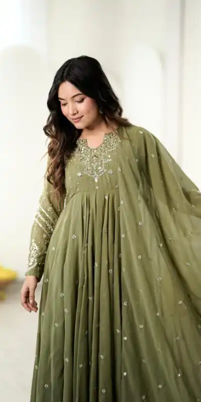 JF 056 Sage Green Faux Georgette Salwar Suit with Mirror Work & Embroidery Work. Get it for ₹2349. Delivery 4-6 Working Days. Shop now. | Jump Suits, Salwar suit, Designer Suits, Casual Suits, Creative suits, Palazzo Suits, Party Wear Suits, Patiala Suits, Straight Suits