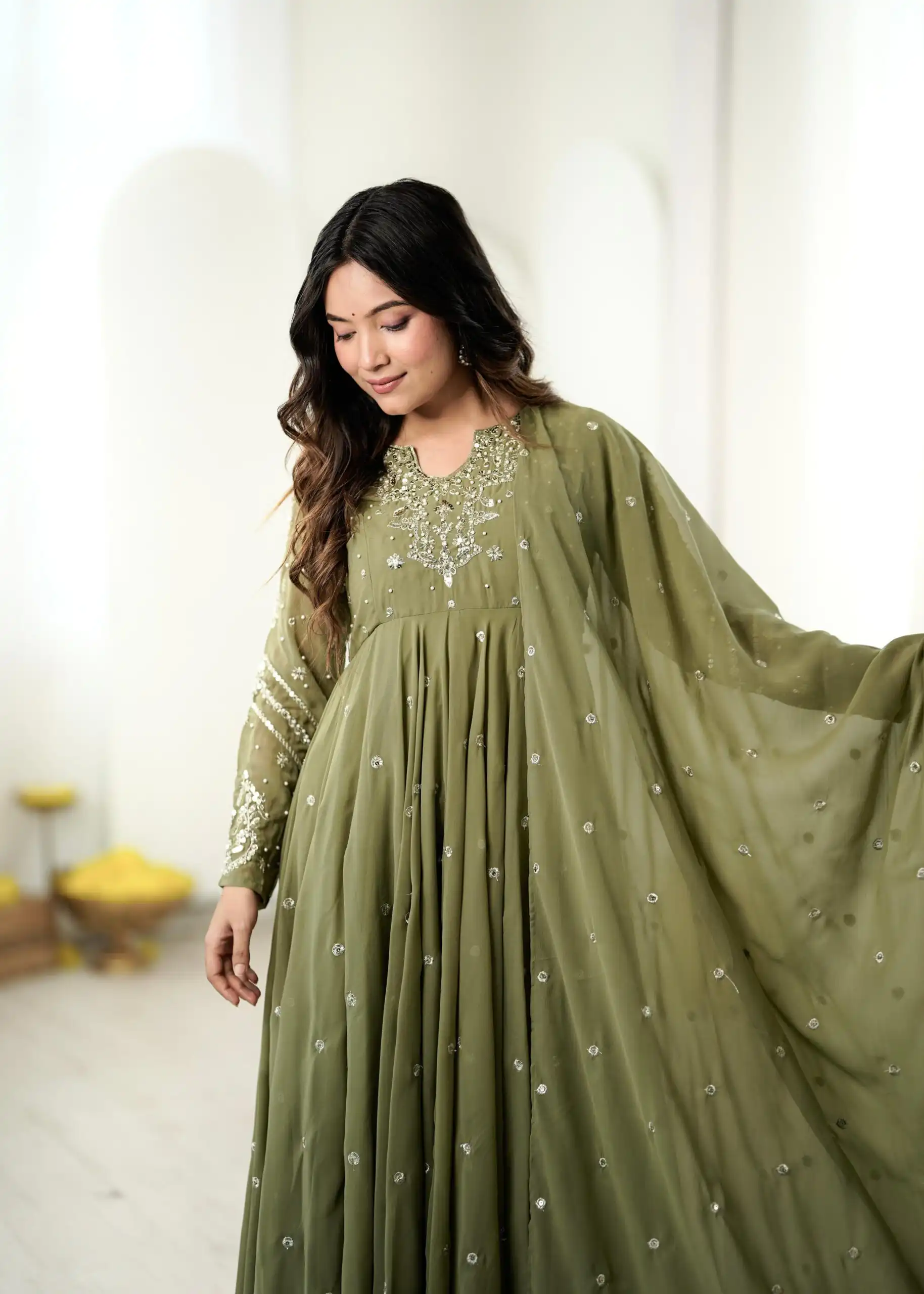 JF 056 Sage Green Faux Georgette Salwar Suit with Mirror Work & Embroidery Work. Get it for ₹2349. Delivery 4-6 Working Days. Shop now. | Jump Suits, Salwar suit, Designer Suits, Casual Suits, Creative suits, Palazzo Suits, Party Wear Suits, Patiala Suits, Straight Suits
