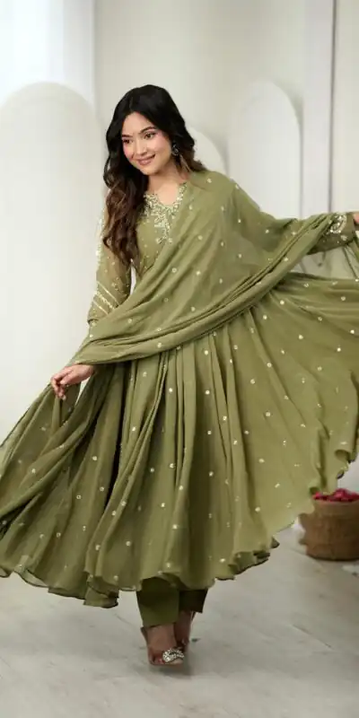 JF 056 Sage Green Faux Georgette Salwar Suit with Mirror Work & Embroidery Work. Get it for ₹2349. Delivery 4-6 Working Days. Shop now. | Jump Suits, Salwar suit, Designer Suits, Casual Suits, Creative suits, Palazzo Suits, Party Wear Suits, Patiala Suits, Straight Suits