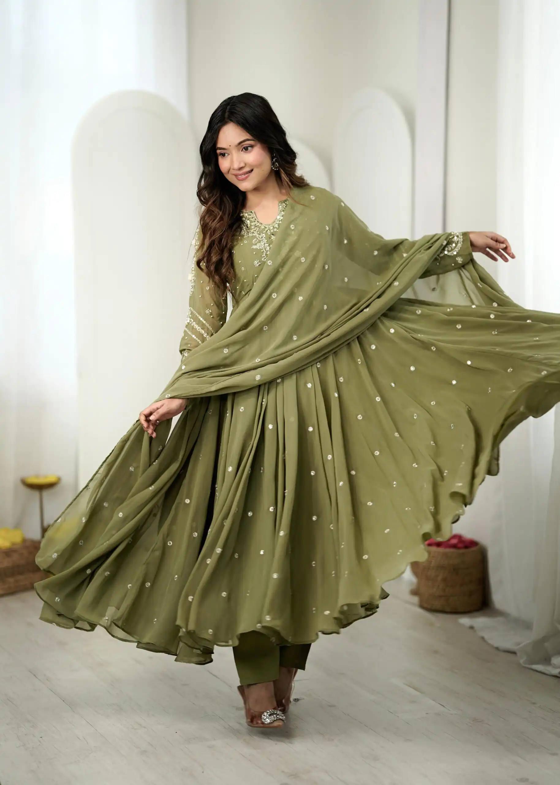 JF 056 Sage Green Faux Georgette Salwar Suit with Mirror Work & Embroidery Work. Get it for ₹2349. Delivery 4-6 Working Days. Shop now. | Jump Suits, Salwar suit, Designer Suits, Casual Suits, Creative suits, Palazzo Suits, Party Wear Suits, Patiala Suits, Straight Suits