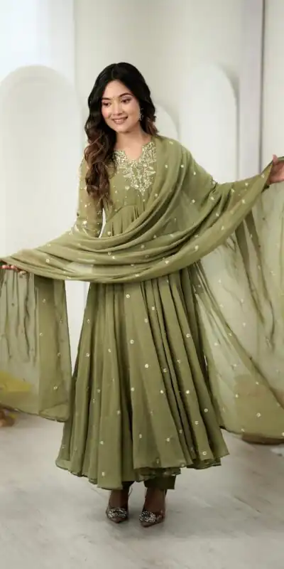 JF 056 Sage Green Faux Georgette Salwar Suit with Mirror Work & Embroidery Work. Get it for ₹2349. Delivery 4-6 Working Days. Shop now. | Jump Suits, Salwar suit, Designer Suits, Casual Suits, Creative suits, Palazzo Suits, Party Wear Suits, Patiala Suits, Straight Suits