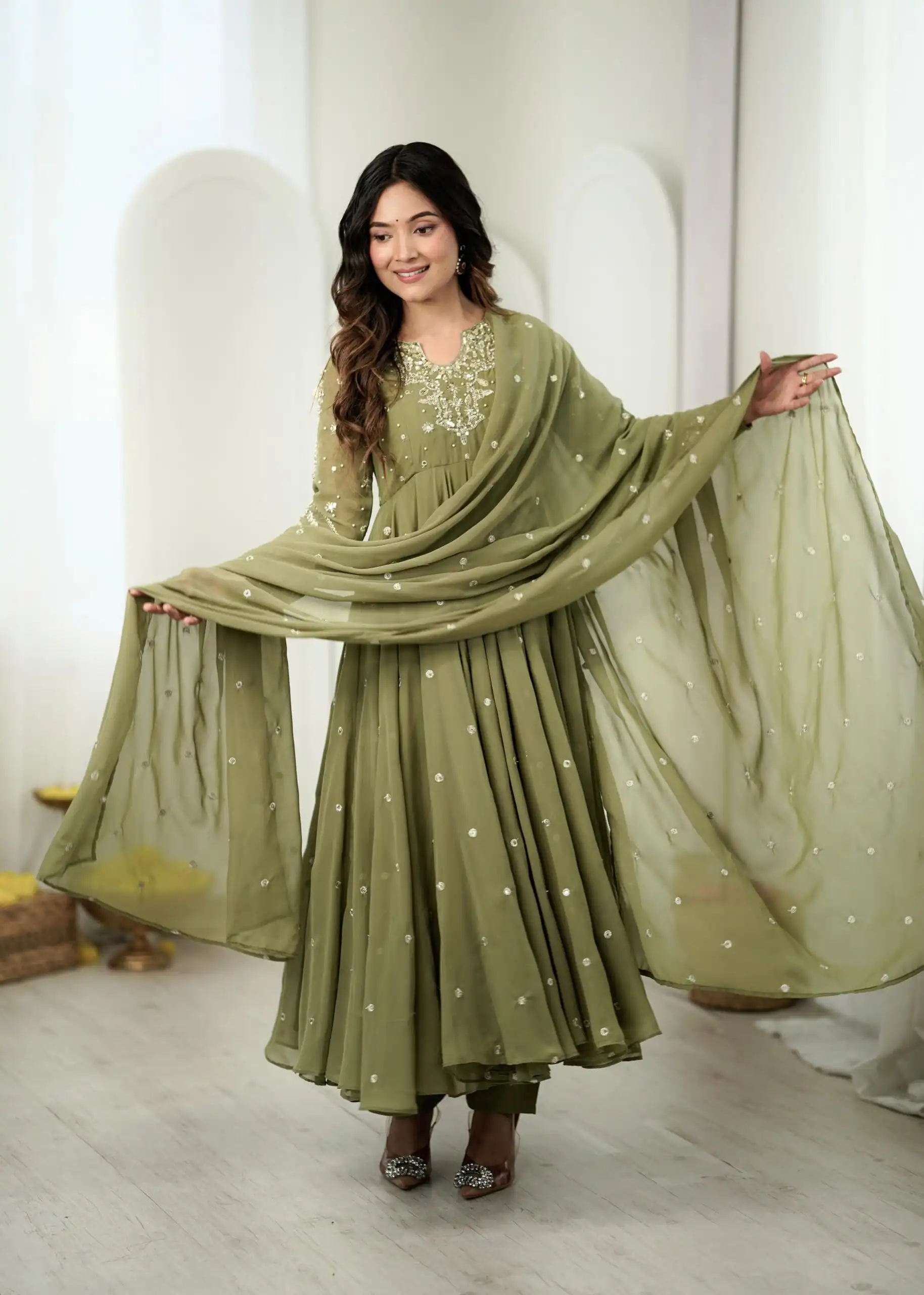 JF 056 Sage Green Faux Georgette Salwar Suit with Mirror Work & Embroidery Work. Get it for ₹2349. Delivery 4-6 Working Days. Shop now. | Jump Suits, Salwar suit, Designer Suits, Casual Suits, Creative suits, Palazzo Suits, Party Wear Suits, Patiala Suits, Straight Suits
