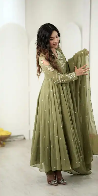 JF 056 Sage Green Faux Georgette Salwar Suit with Mirror Work & Embroidery Work. Get it for ₹2349. Delivery 4-6 Working Days. Shop now. | Jump Suits, Salwar suit, Designer Suits, Casual Suits, Creative suits, Palazzo Suits, Party Wear Suits, Patiala Suits, Straight Suits