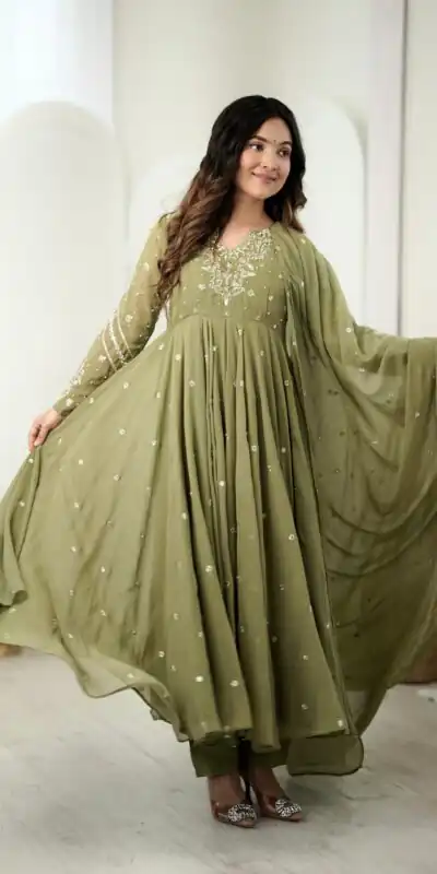 JF 056 Sage Green Faux Georgette Salwar Suit with Mirror Work & Embroidery Work. Get it for ₹2349. Delivery 4-6 Working Days. Shop now. | Jump Suits, Salwar suit, Designer Suits, Casual Suits, Creative suits, Palazzo Suits, Party Wear Suits, Patiala Suits, Straight Suits