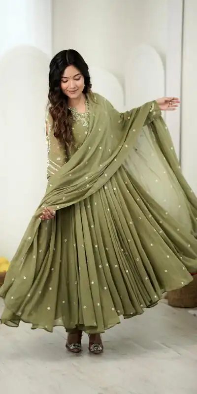 JF 056 Sage Green Faux Georgette Salwar Suit with Mirror Work & Embroidery Work. Get it for ₹2349. Delivery 4-6 Working Days. Shop now. | Jump Suits, Salwar suit, Designer Suits, Casual Suits, Creative suits, Palazzo Suits, Party Wear Suits, Patiala Suits, Straight Suits