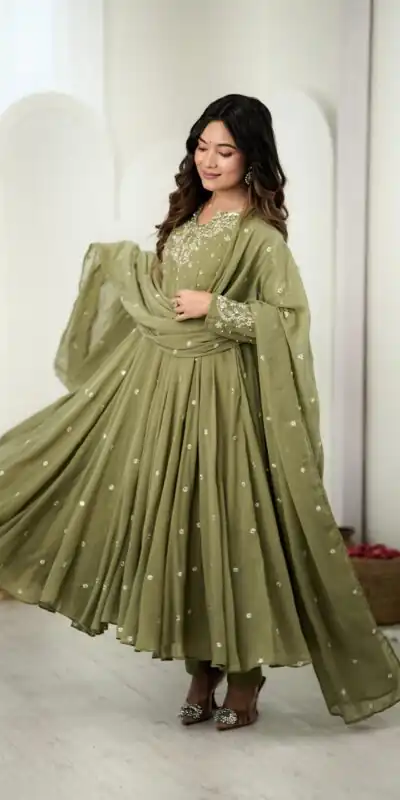 JF 056 Sage Green Faux Georgette Salwar Suit with Mirror Work & Embroidery Work. Get it for ₹2349. Delivery 4-6 Working Days. Shop now. | Jump Suits, Salwar suit, Designer Suits, Casual Suits, Creative suits, Palazzo Suits, Party Wear Suits, Patiala Suits, Straight Suits