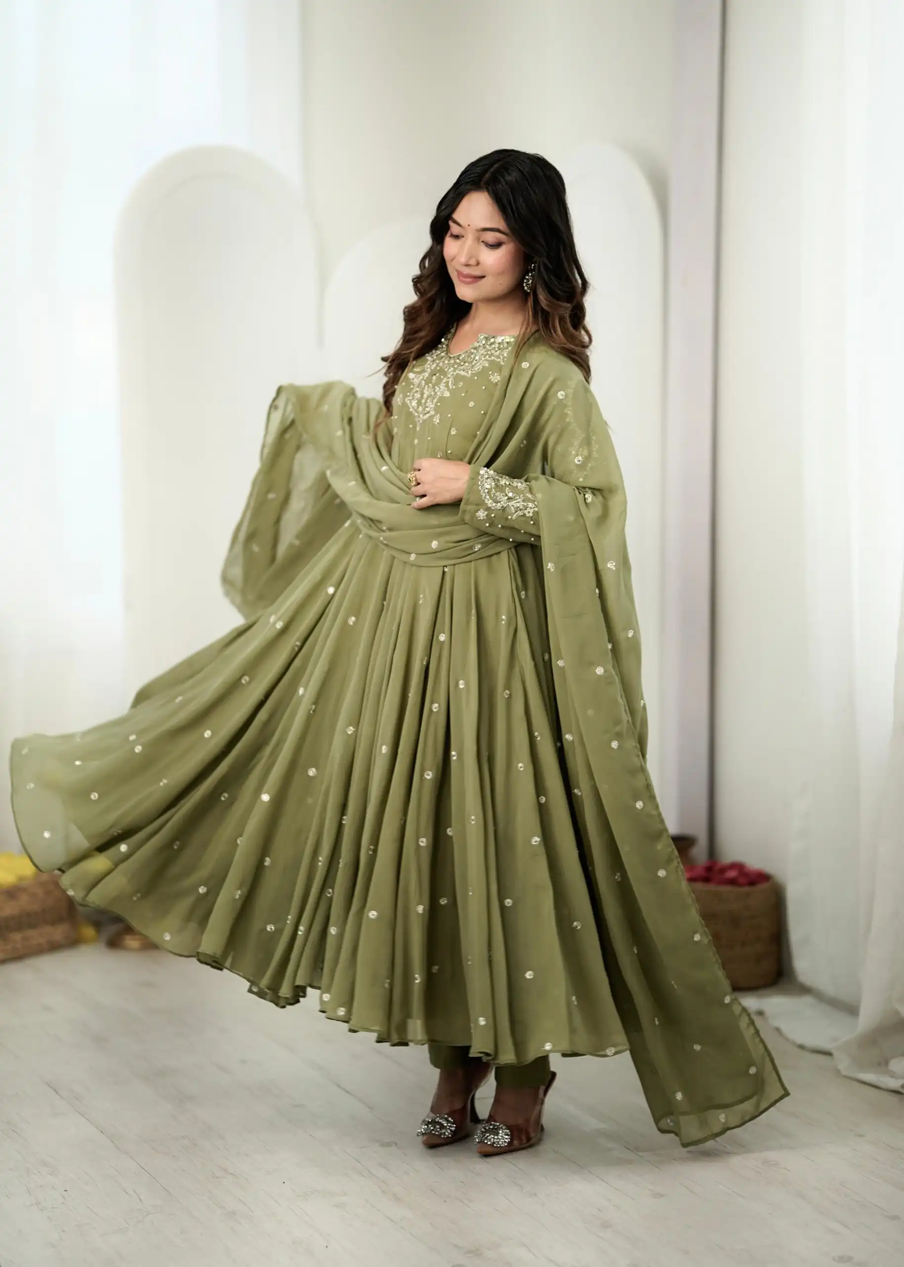 JF 056 Sage Green Faux Georgette Salwar Suit with Mirror Work & Embroidery Work. Get it for ₹2349. Delivery 4-6 Working Days. Shop now. | Jump Suits, Salwar suit, Designer Suits, Casual Suits, Creative suits, Palazzo Suits, Party Wear Suits, Patiala Suits, Straight Suits