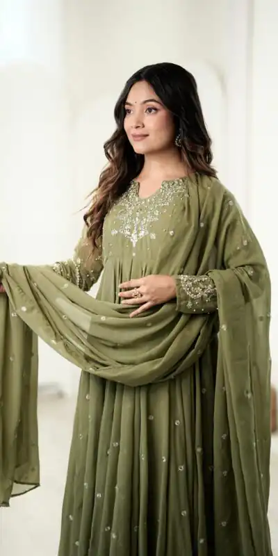 JF 056 Sage Green Faux Georgette Salwar Suit with Mirror Work & Embroidery Work. Get it for ₹2349. Delivery 4-6 Working Days. Shop now. | Jump Suits, Salwar suit, Designer Suits, Casual Suits, Creative suits, Palazzo Suits, Party Wear Suits, Patiala Suits, Straight Suits