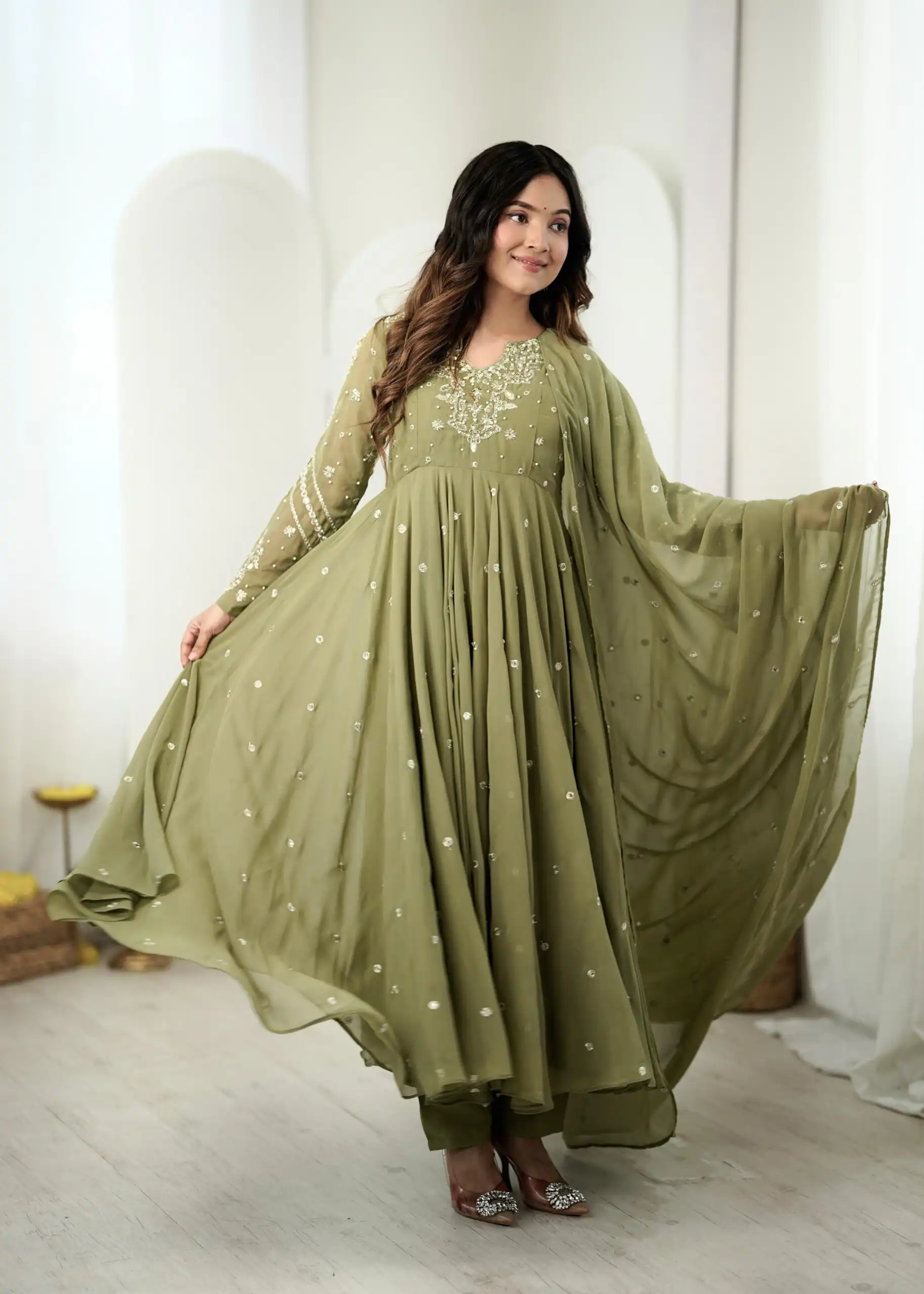 JF 056 Sage Green Faux Georgette Salwar Suit with Mirror Work & Embroidery Work. Get it for ₹2349. Delivery 4-6 Working Days. Shop now. | Jump Suits, Salwar suit, Designer Suits, Casual Suits, Creative suits, Palazzo Suits, Party Wear Suits, Patiala Suits, Straight Suits