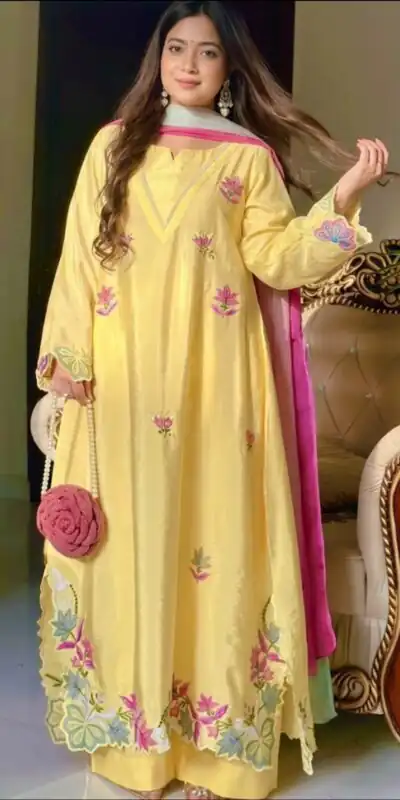 MF 544 Yellow Ho Silk Salwar Suit with Sequins Work & Embroidery Work. Grab it for ₹2349. Delivery 4-6 Working Days. Shop now. | Jump Suits, Salwar suit, Designer Suits, Casual Suits, Creative suits, Palazzo Suits, Party Wear Suits, Patiala Suits, Straight Suits