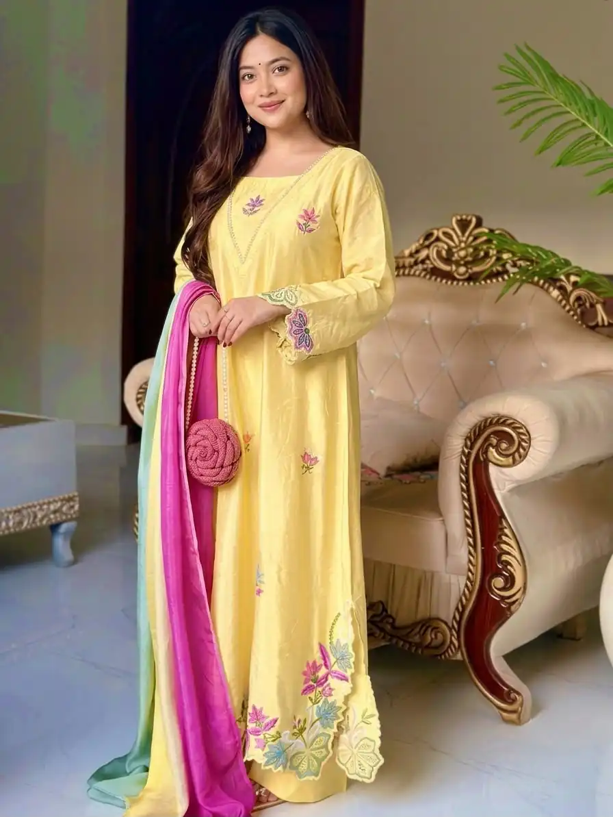 MF 544 Yellow Ho Silk Salwar Suit with Sequins Work & Embroidery Work. Grab it for ₹2349. Delivery 4-6 Working Days. Shop now. | Jump Suits, Salwar suit, Designer Suits, Casual Suits, Creative suits, Palazzo Suits, Party Wear Suits, Patiala Suits, Straight Suits