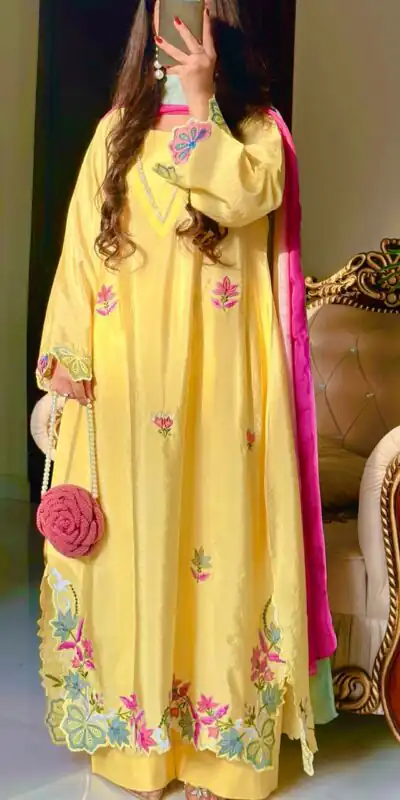MF 544 Yellow Ho Silk Salwar Suit with Sequins Work & Embroidery Work. Grab it for ₹2349. Delivery 4-6 Working Days. Shop now. | Jump Suits, Salwar suit, Designer Suits, Casual Suits, Creative suits, Palazzo Suits, Party Wear Suits, Patiala Suits, Straight Suits