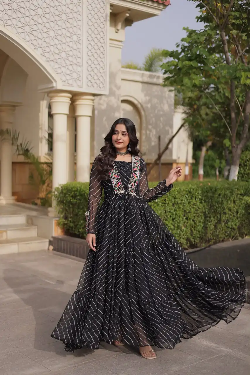 KA 1274 Black in Colour Faux Georgette Bandhani Print Work Gown. Available at ₹2019 only. Delivery 4-6 Working Days. Shop now. | Gowns, Bollywood Gowns, Creative Gowns, Designer Gowns, Embroidered Gowns, Party Wear Gowns
