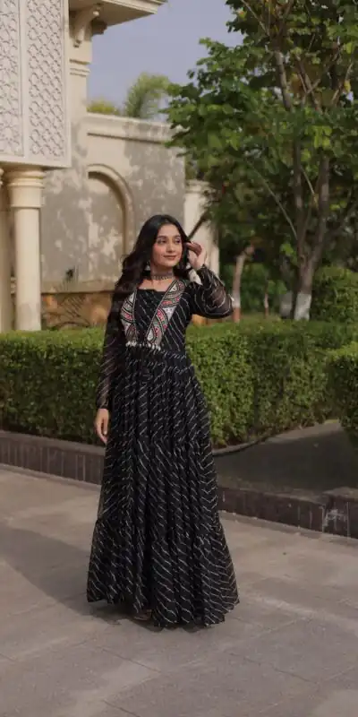 KA 1274 Black in Colour Faux Georgette Bandhani Print Work Gown. Available at ₹2019 only. Delivery 4-6 Working Days. Shop now. | Gowns, Bollywood Gowns, Creative Gowns, Designer Gowns, Embroidered Gowns, Party Wear Gowns