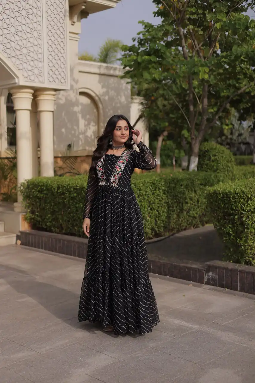 KA 1274 Black in Colour Faux Georgette Bandhani Print Work Gown. Available at ₹2019 only. Delivery 4-6 Working Days. Shop now. | Gowns, Bollywood Gowns, Creative Gowns, Designer Gowns, Embroidered Gowns, Party Wear Gowns