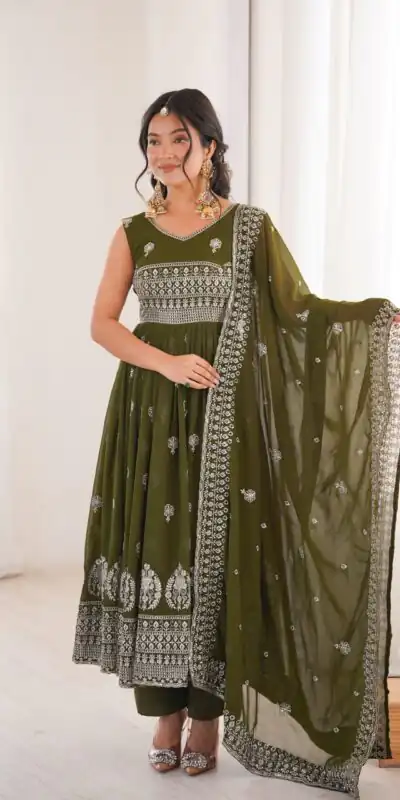 SP 91 Mehendi| Faux Georgette Salwar Suit with Lace Work & Digital Print. Introductory Price ₹2799. Delivery 4-6 Working Days. Shop now. | Anarkali Suits, Bollywood Anarkali, Creative-Anarkali, Designer Anarkali, Embroidered Anarkali, Party Wear Anarkali