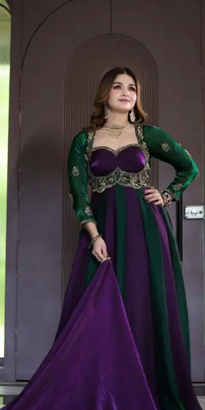 ND 5072 Purple Fendy Silk Gown with Embroidery Work & Sequins Work. Special Price ₹2849. Delivery 4-6 Working Days. Shop now. | Gowns, Bollywood Gowns, Creative Gowns, Designer Gowns, Embroidered Gowns, Party Wear Gowns