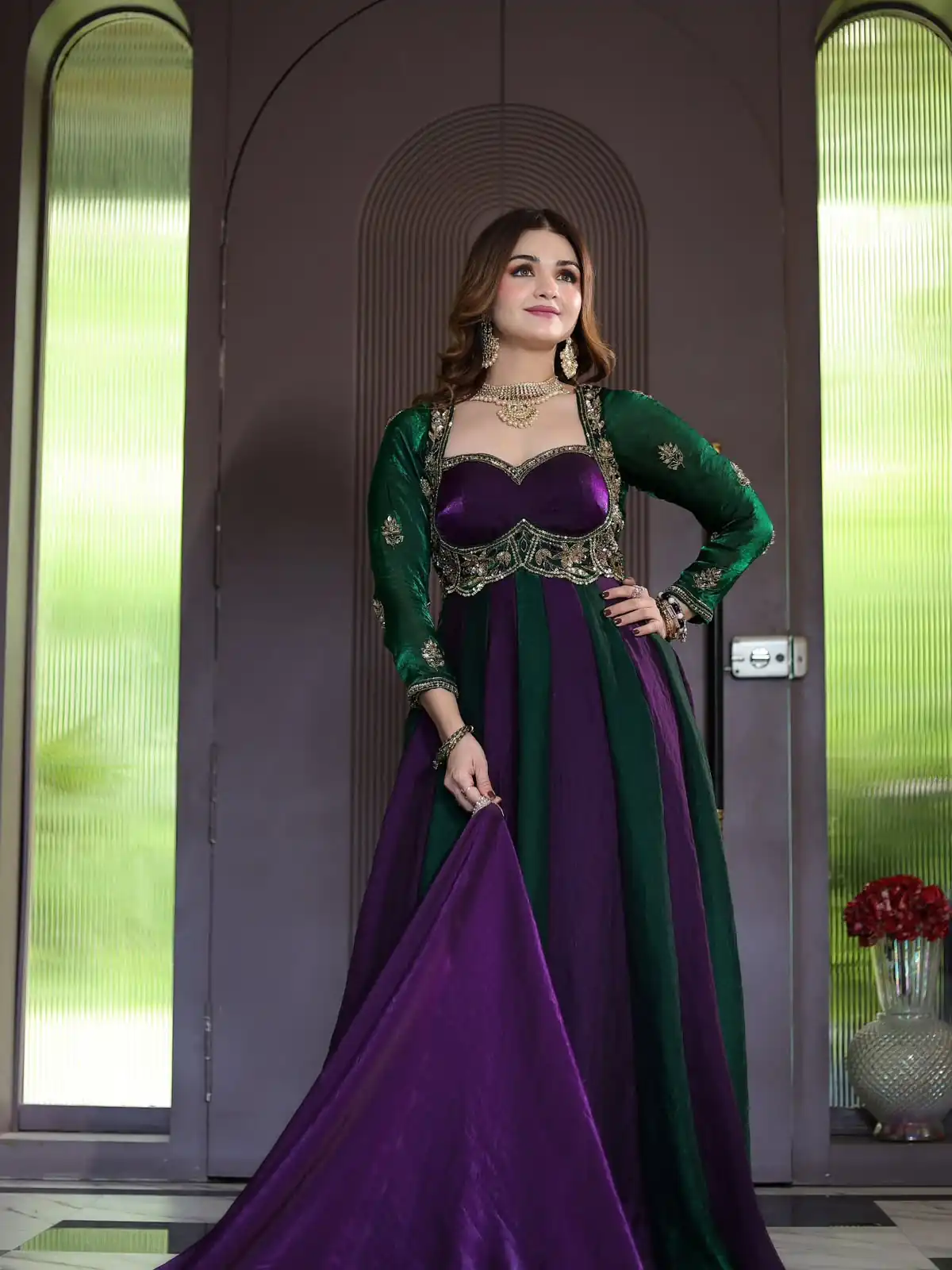 ND 5072 Purple Fendy Silk Gown with Embroidery Work & Sequins Work. Special Price ₹2849. Delivery 4-6 Working Days. Shop now. | Gowns, Bollywood Gowns, Creative Gowns, Designer Gowns, Embroidered Gowns, Party Wear Gowns