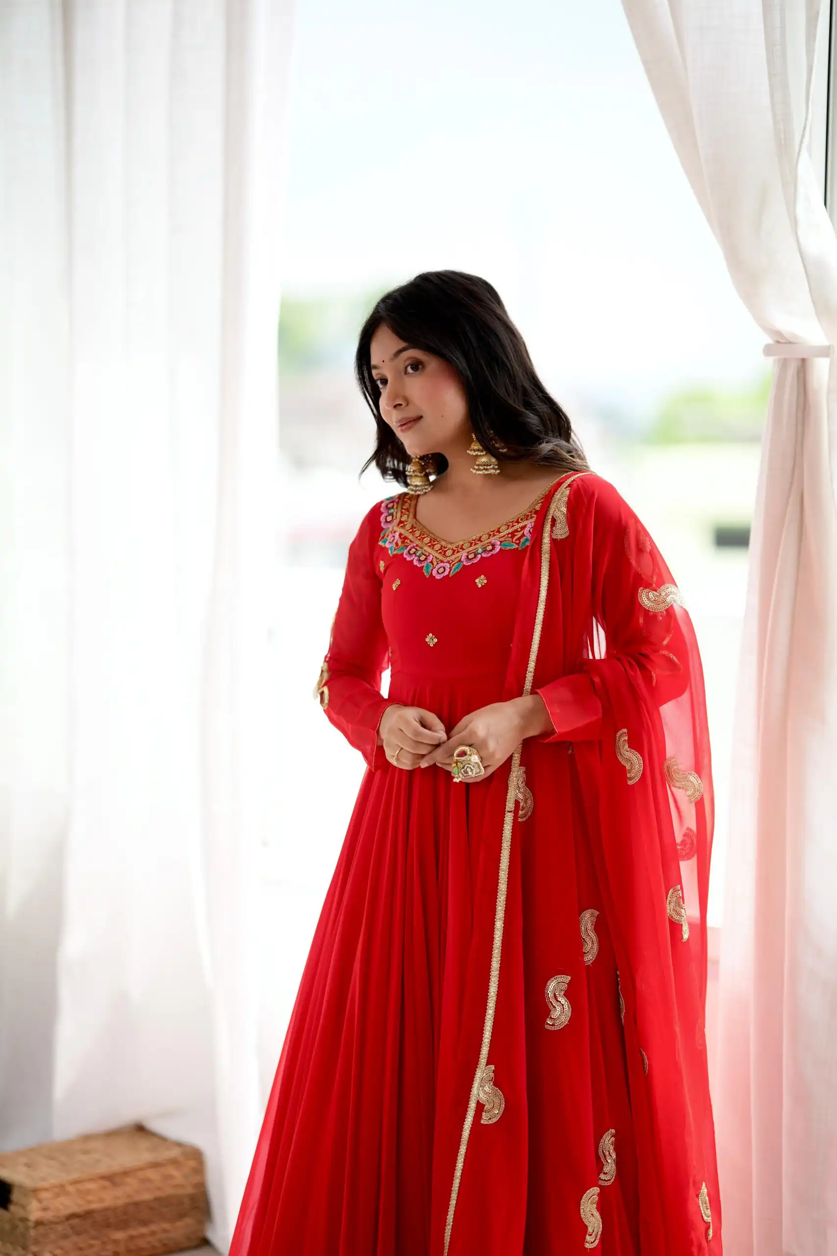 SRK 5363 Red Faux Georgette Gown with Sequins Work & Embroidery Work. Affordable Price ₹2099. Delivery 4-6 Working Days. Shop now. | Gowns, Bollywood Gowns, Creative Gowns, Designer Gowns, Embroidered Gowns, Party Wear Gowns