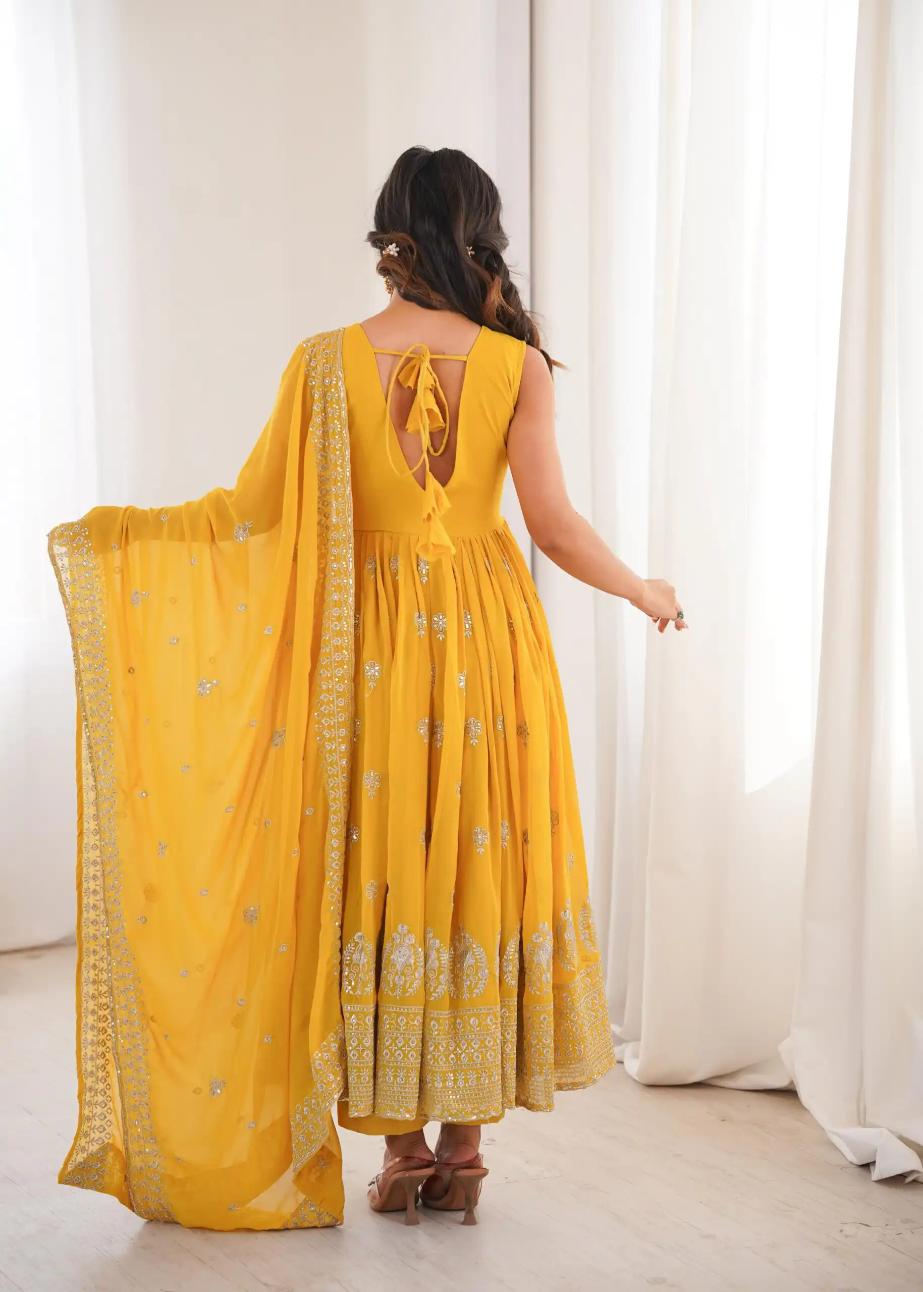 SP 91 Yellow| Faux Georgette Salwar Suit with Lace Work & Digital Print. Introductory Price ₹2799. Delivery 4-6 Working Days. Shop now. | Anarkali Suits, Bollywood Anarkali, Creative-Anarkali, Designer Anarkali, Embroidered Anarkali, Party Wear Anarkali