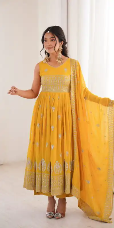SP 91 Yellow| Faux Georgette Salwar Suit with Lace Work & Digital Print. Introductory Price ₹2799. Delivery 4-6 Working Days. Shop now. | Anarkali Suits, Bollywood Anarkali, Creative-Anarkali, Designer Anarkali, Embroidered Anarkali, Party Wear Anarkali