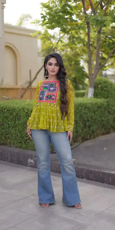 KA 5079 Mehandi Fox Georgette Kurti with Lace Work & Mirror Work. Affordable Price ₹2719. Delivery 4-6 Working Days. Shop now. | Kurti, Bollywood Kurti, Creative Kurtis, Designer Kurti, Party Wear Kurti, Selfie Kurti