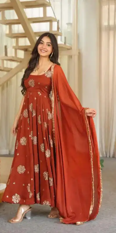 RTC 6071 Rust karishma Silk Salwar Suit Perfect for Wedding, Party, Baby Shower, Housewarming, Traditional Day – . Special Price ₹2149. Delivery 4-6 Working | Anarkali Suits, Bollywood Anarkali, Creative-Anarkali, Designer Anarkali, Embroidered Anarkali, Party Wear Anarkali