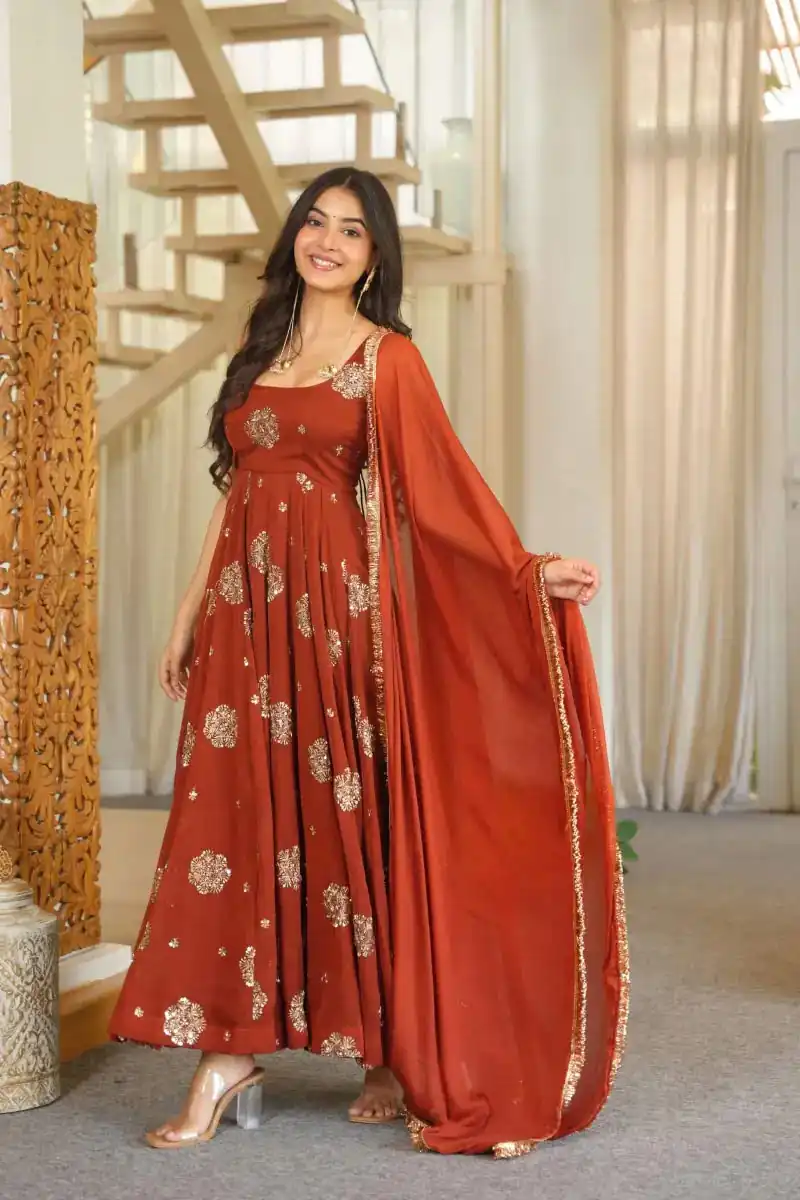 RTC 6071 Rust karishma Silk Salwar Suit Perfect for Wedding, Party, Baby Shower, Housewarming, Traditional Day – . Special Price ₹2149. Delivery 4-6 Working | Anarkali Suits, Bollywood Anarkali, Creative-Anarkali, Designer Anarkali, Embroidered Anarkali, Party Wear Anarkali