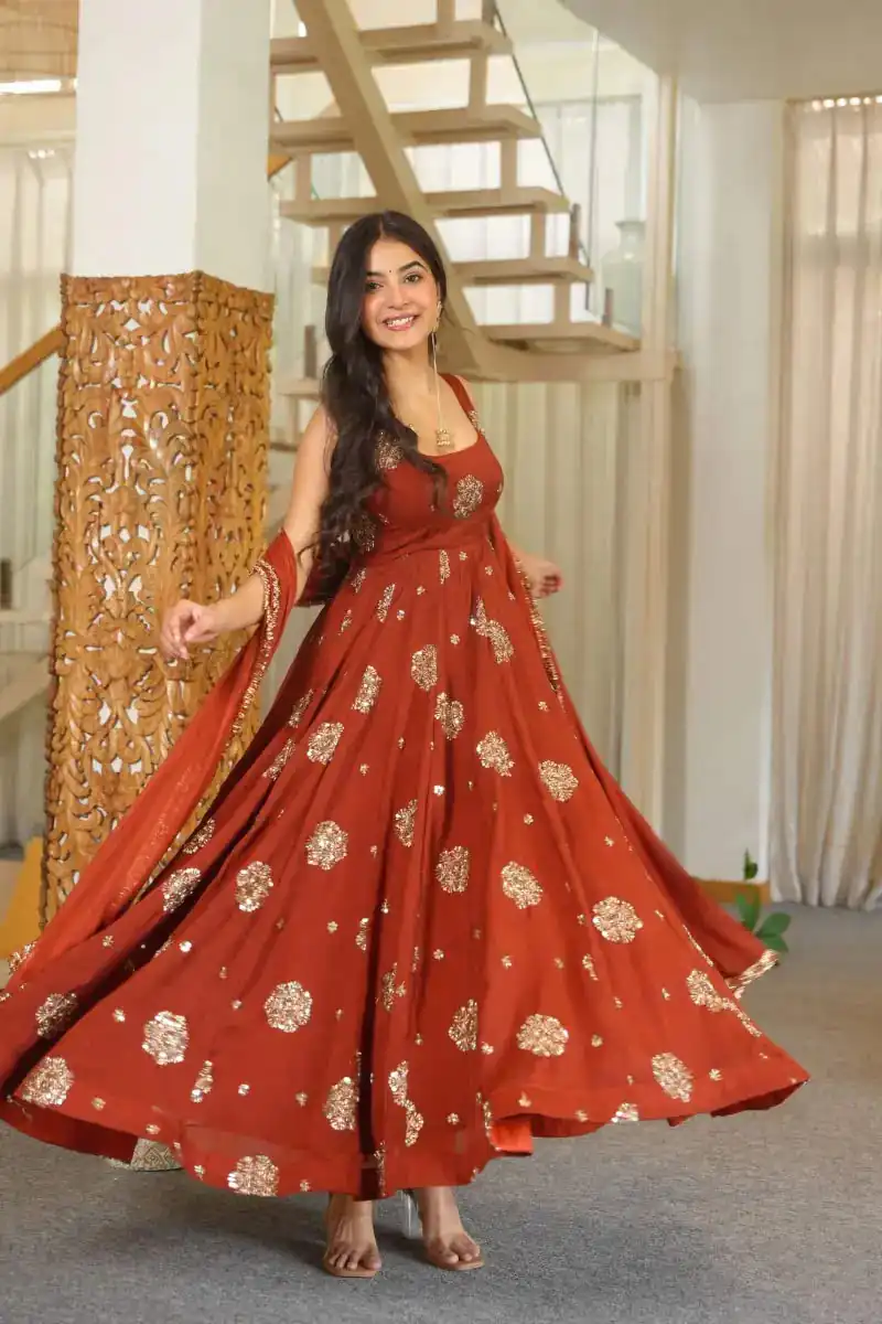 RTC 6071 Rust karishma Silk Salwar Suit Perfect for Wedding, Party, Baby Shower, Housewarming, Traditional Day – . Special Price ₹2149. Delivery 4-6 Working | Anarkali Suits, Bollywood Anarkali, Creative-Anarkali, Designer Anarkali, Embroidered Anarkali, Party Wear Anarkali